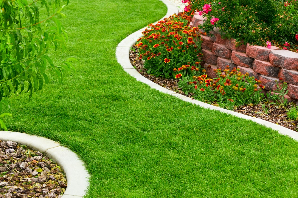 stunning lush green lawn separated by stone garden edging