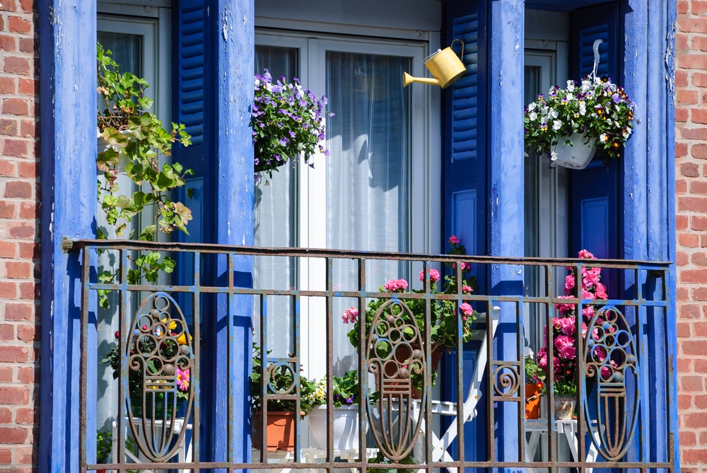 hanging baskets outside of a flat