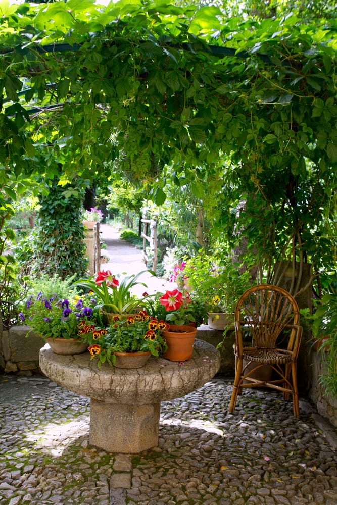 flower pots on stone table in Majorca